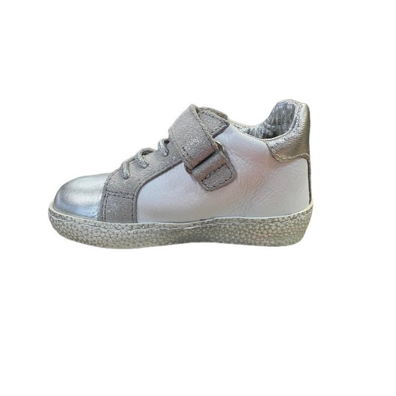 GRUNLAND JUNIOR SNEAKER BAMBINA IN PELLE NOON pp0429 BIANCO ARGENTO